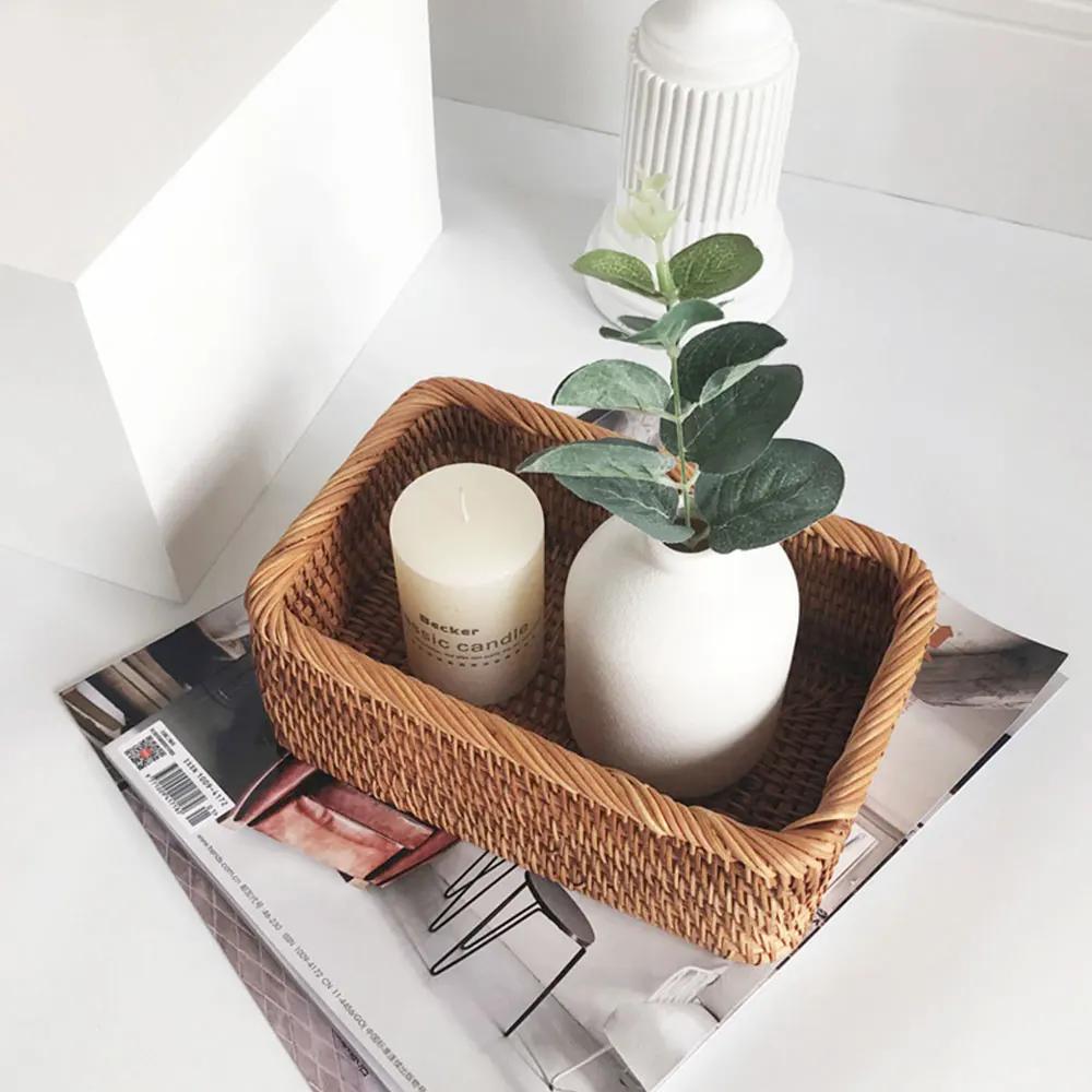 Hand-Woven Rectangular Rattan Wicker Basket Fruit Tea Snack Bread Picnic Cosmetic Storage Box Kitchen Supplies Household Tools