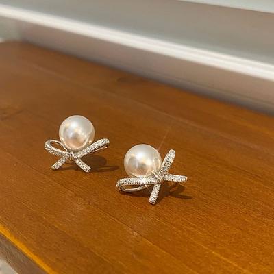 French Retro Diamond-set Bow Pearl Earrings Sweet Temperament Elegant Earrings Niche
