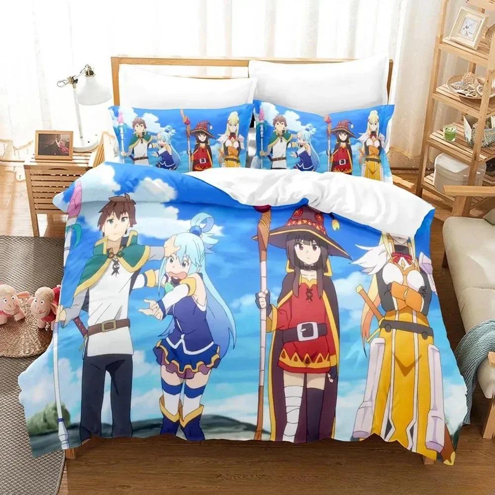 Trendy Lightweight King KonoSuba Cartoon Anime Three Piece Adult Kid Bedroom Sets 3D Print Kawaii Girls Size Bed Quilt