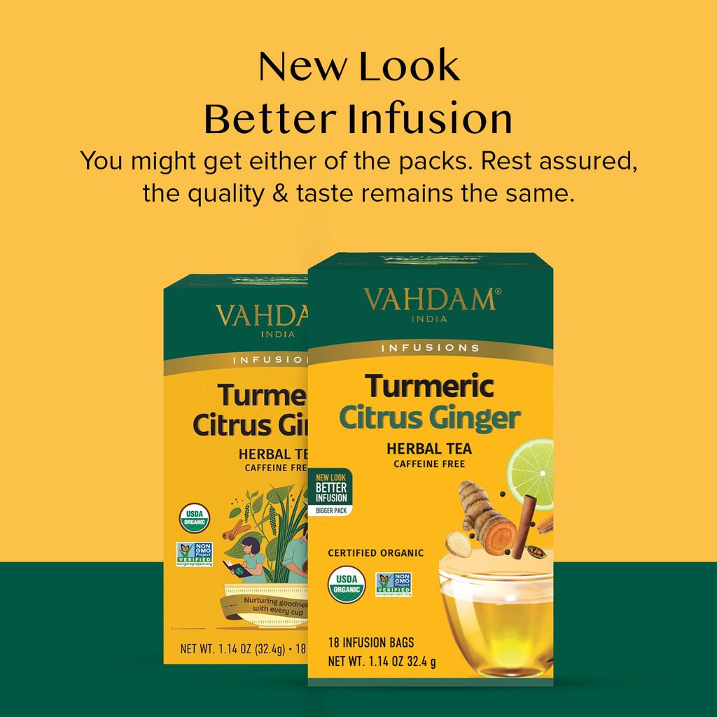 VAHDAM India, Infusions, Herbal Tea, Turmeric, Citrus, Ginger, Caffeine Free, 18 Infusion Bags, 32.4g (1.14oz)