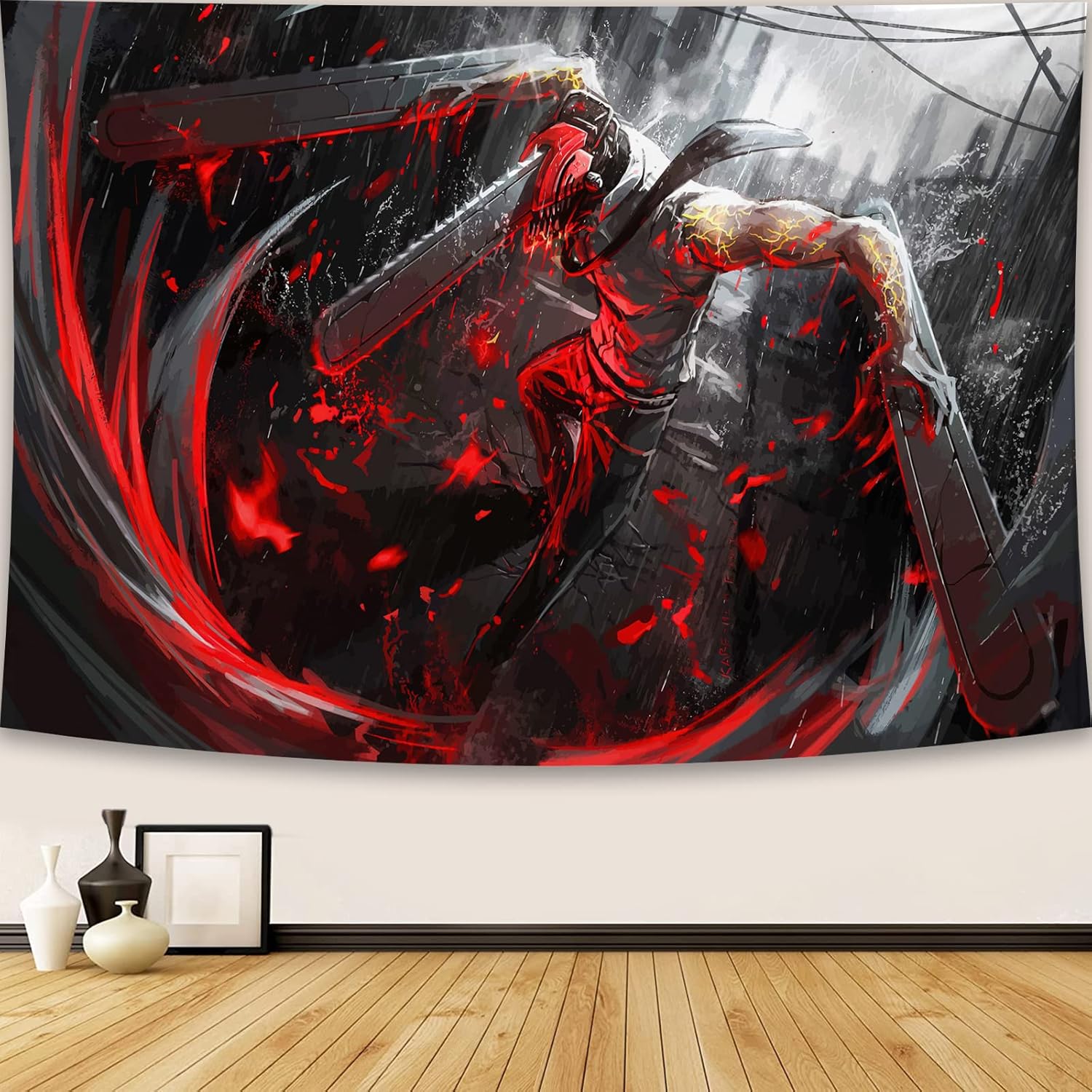 

Dark Warrior Battle Tapestry Red Black Fantasy Combat Wall Art Dramatic Action Scene Decor for Gaming Room Bedroom Dorm 74x94cm(29x37in)