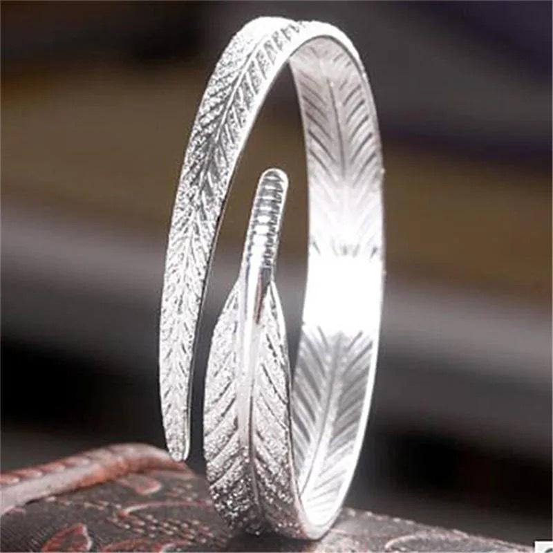 Sterling Women Bracelets Silver Feather Jewelry Accessories Girl Kids Gifts