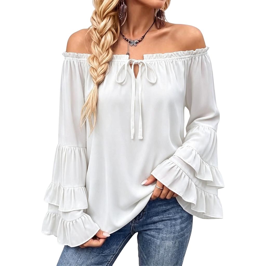 Women's Elegant Off Shoulder Long Sleeve Floral Blouse, Loose Fit Casual Top