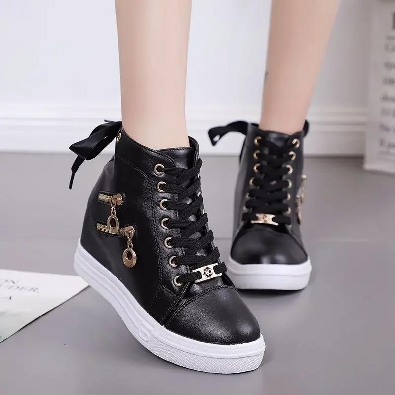 Fashion Women's Sneakers with Platform Wedge Heels Shoes for Woman Leather Casual Shoes White High Top Sneaker Lady Vulcanized Shoes
