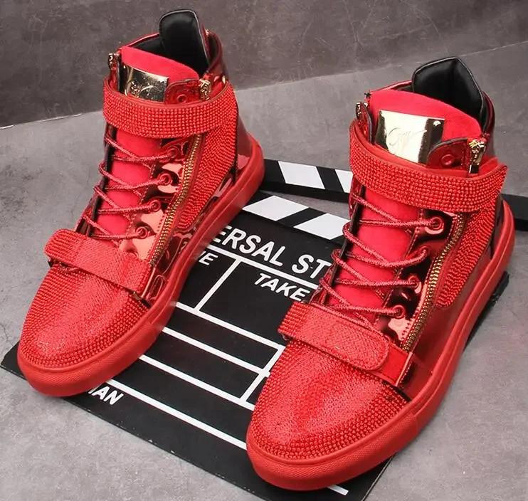 

Дизайнерские мужские высокие кеды с блестками и стразами, повседневные туфли на плоской подошве для мужчин, кроссовки на толстой подошве для скейтборда, мужская обувь 43