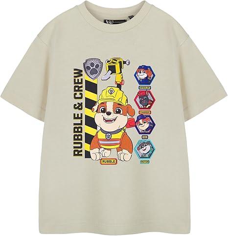 PAW PATROL Boys Beige Short Sleeve T-Shirt | Rubble & Crew Graphic T-Shirt for Kids Cartoon Clothing 140