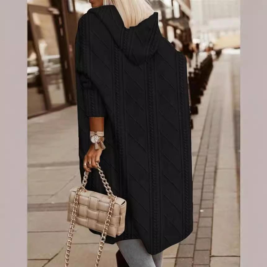 2024 Autumn/Winter Women's Hooded Cable Knit Long Trench Coat with Pockets