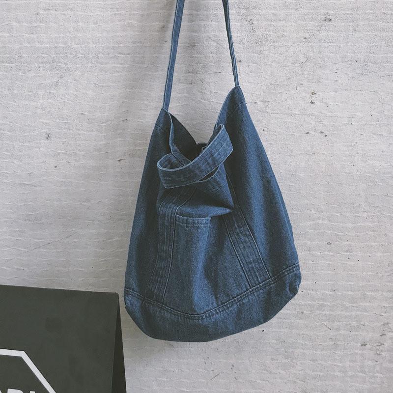 IELGY Denim Bag Large-Capacity One-Shoulder Messenger Korean Version Trendy All-Match Handbag