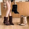 2025 autumn and winter new models, European and American style rivet belt buckle wide tube pointed head thin heel high heel short boots suede trouser 