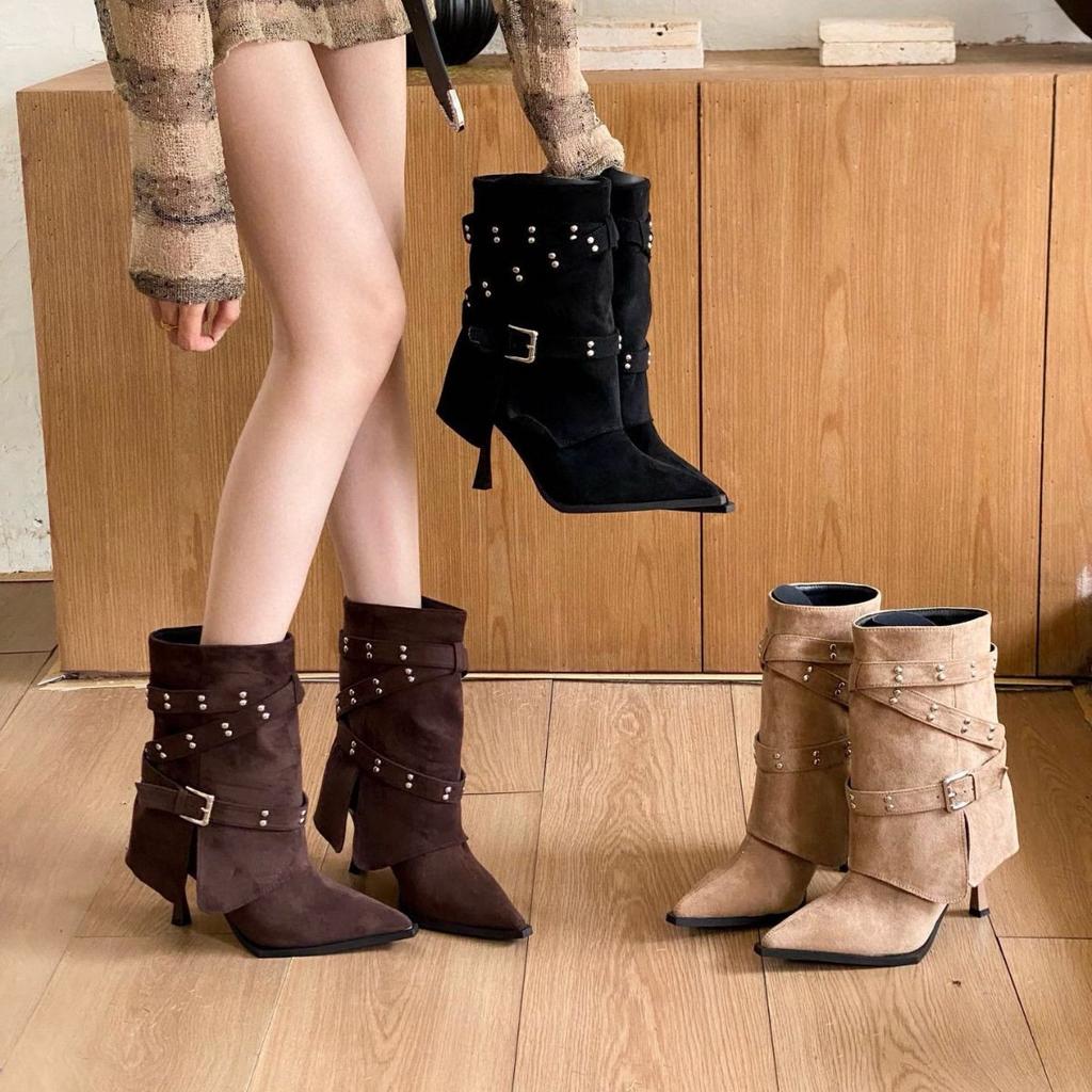 2025 autumn and winter new models, European and American style rivet belt buckle wide tube pointed head thin heel high heel short boots suede trouser 