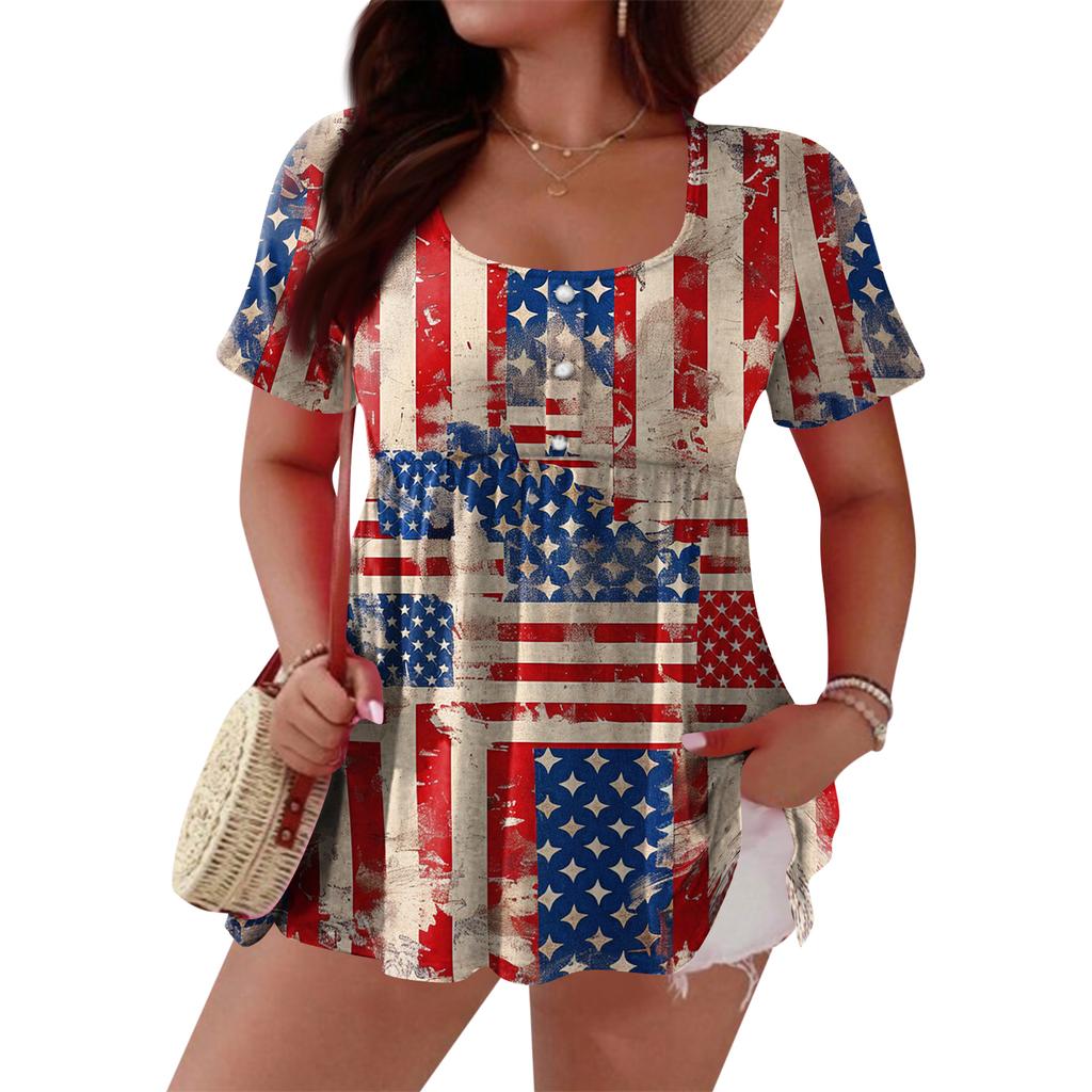 Women's Fashionable Casual Short Sleeve Loose Fit Button Front Printed Blouse