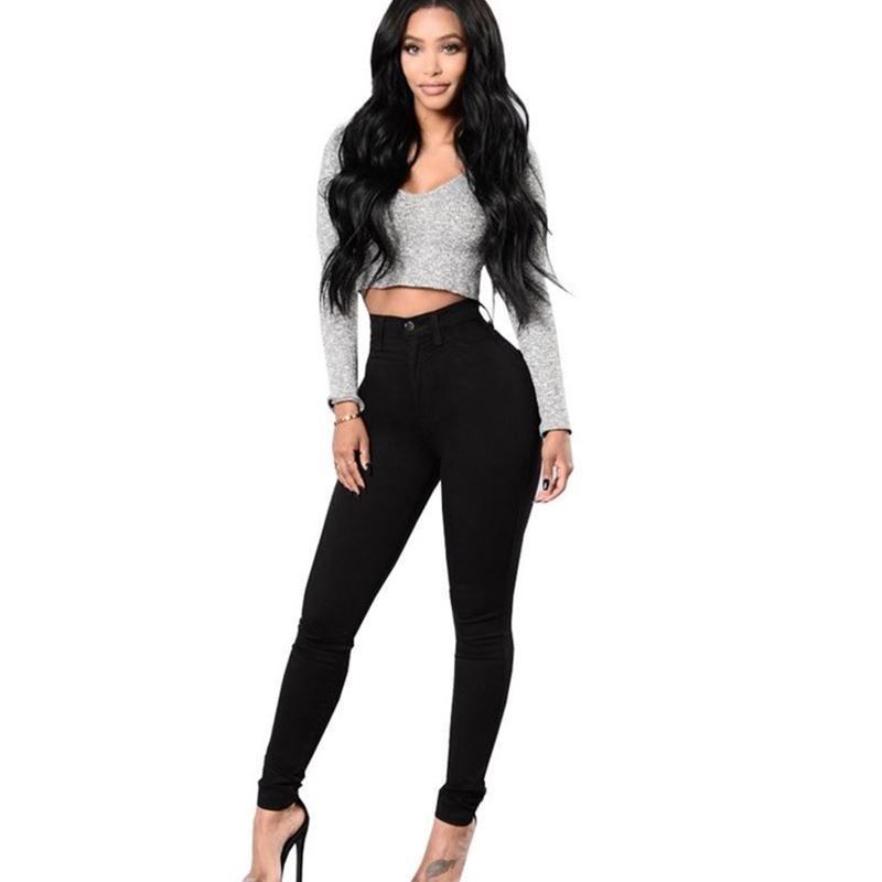 

2017 Women Jeans Black Casual Pencil Pants Ladies Denim Pant Black 2XL