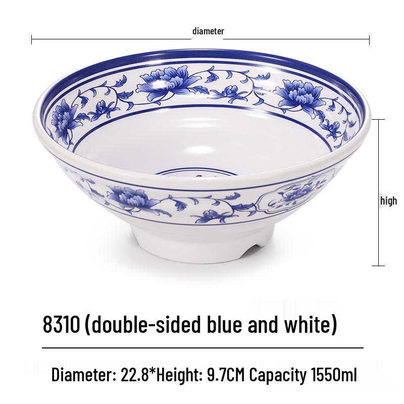 Blue & White Melamine Noodle Bowl: Imitation Porcelain Tableware for Ramen, Soup, Wonton, or Beef Noodles in Noodle Shops