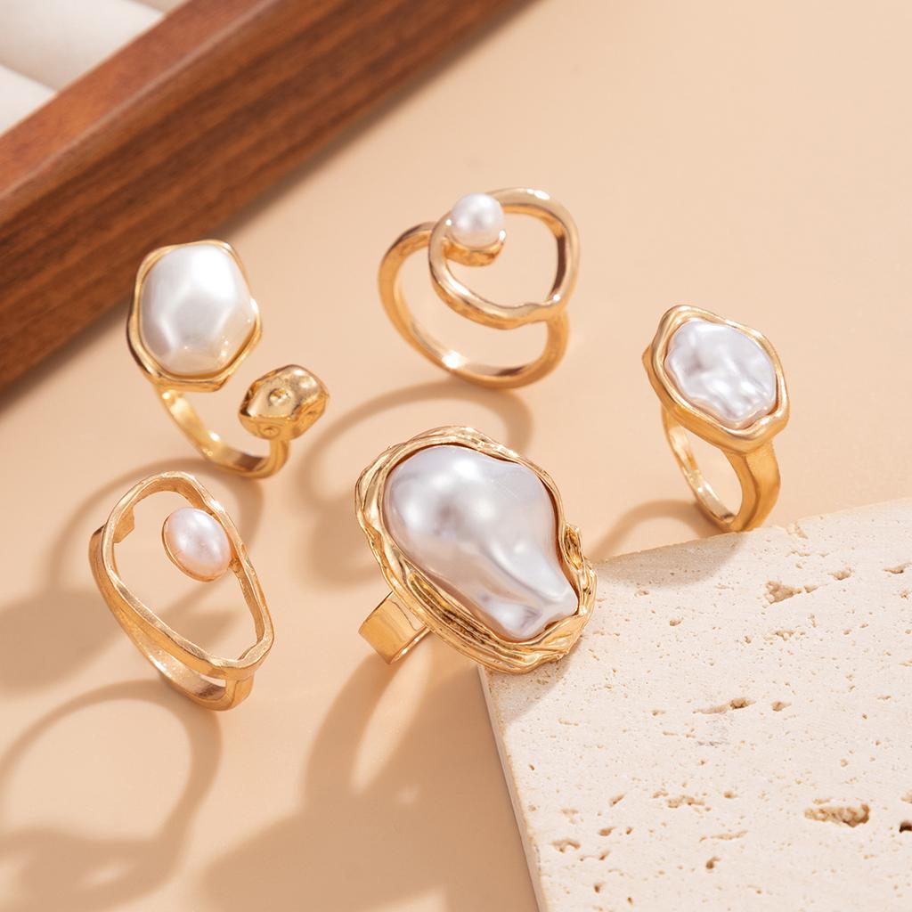 Baroque Irregular Imitation Pearl Open Ring Set INS Irregular Geometric Ring