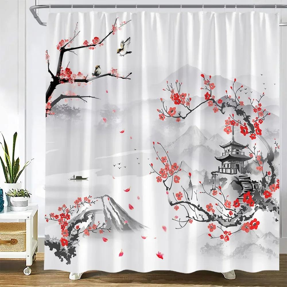 Ink Landscape Shower Curtains Red Flowers Plants Peacocks Birds Mountain Pavilion Chinese Style Art Fabric Bathroom Decor Sets