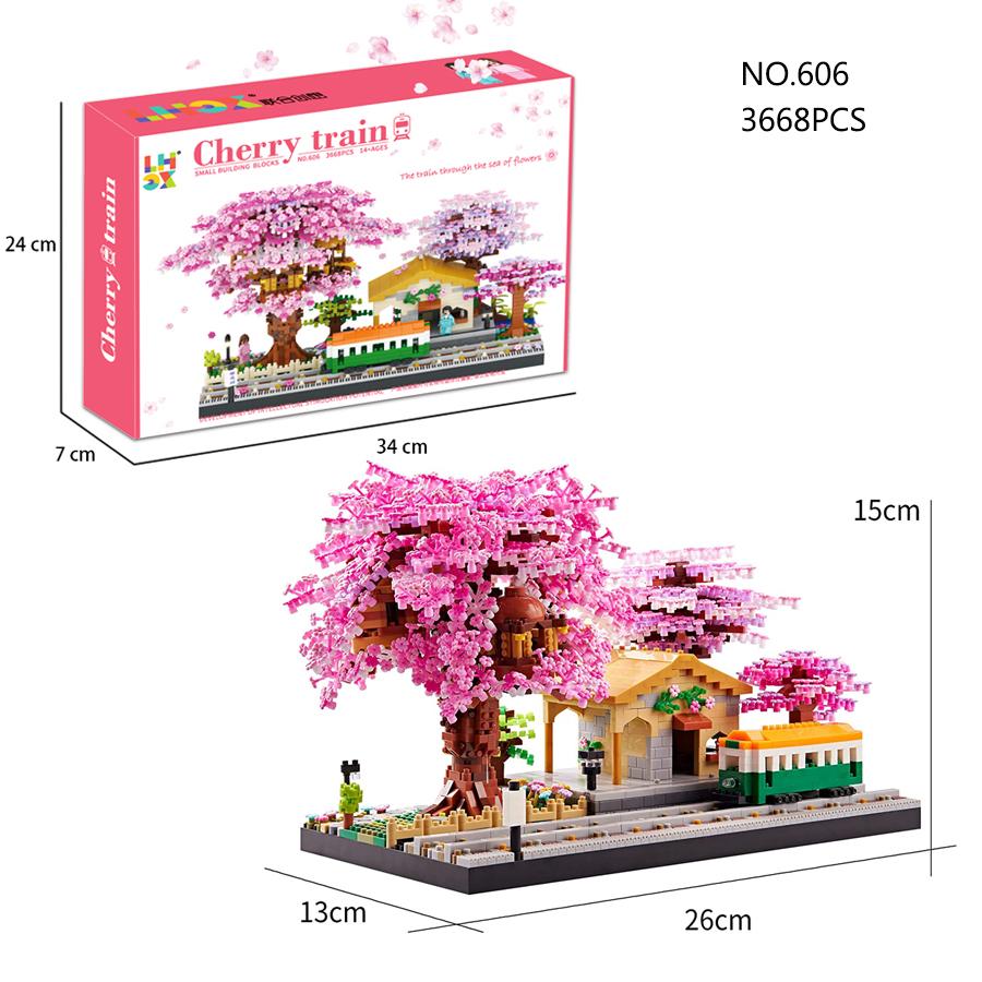 Kirschblütenhaus Bausteine Kirschblüten Straßenansicht Mini-Bausteine Mikro-Bausteine Kinderspielzeug 3D-Modelle Kreative Ornamente