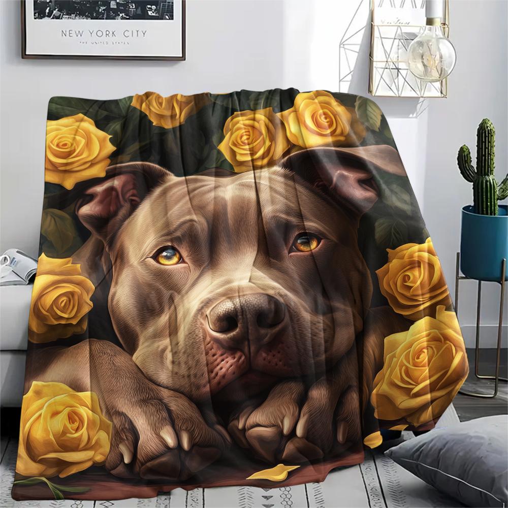Pitbull a růže, vzor Flanelová deka, Vysoká kvalita, Pohodlná pro všechna roční období, Domácí dekorace, Teplo a pohodlí, Ideální pro dárky.