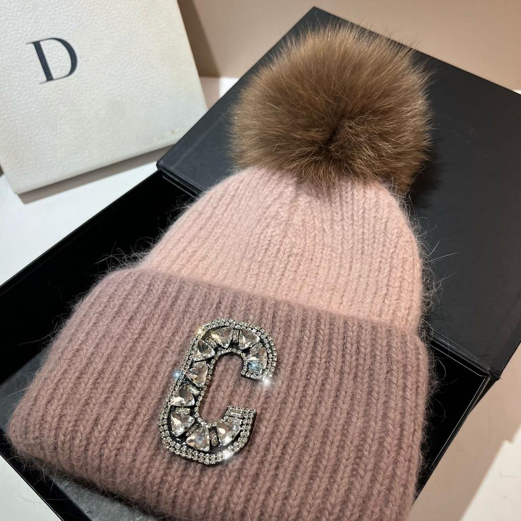 C Russian Winter Outdoor Thickened Double-Layer Warm Rabbit Fur Knitted Hat Northern Cold Fox Hairball Ear Protection Hat