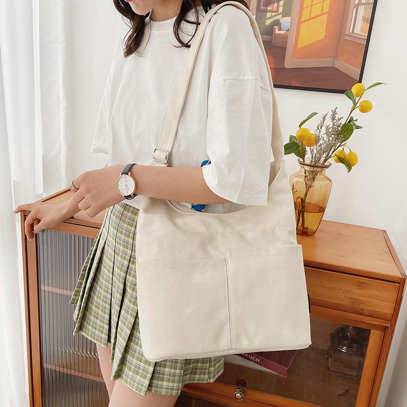 Large Capacity Tote Bag Women's Canvas Bag Solid Color Shoulder Crossbody Bag