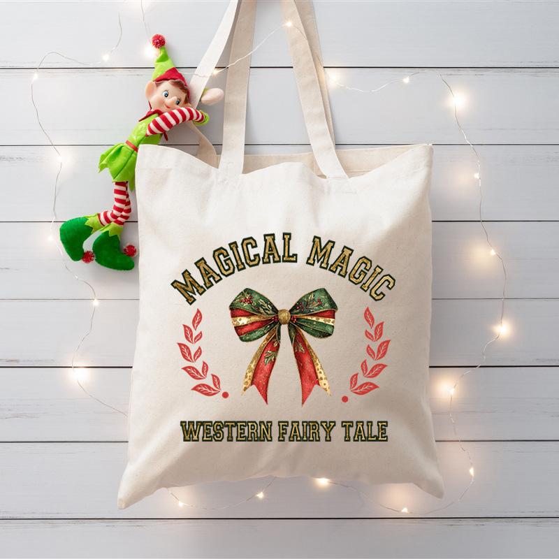 

Printed bow trendy canvas bag Christmas large capacity shoulder tote bag No specification