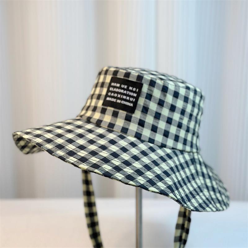 Lace Up Plaid Fisherman Hat For Women In Summer, Japanese Retro Style, Large Brim Sun Shading And Sun Protection Hat
