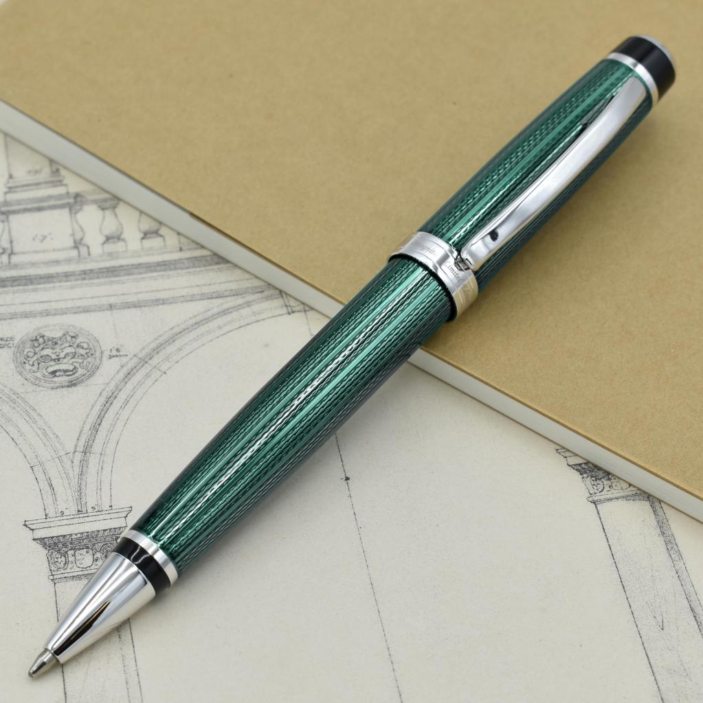 Xezo Incognito Twist Action Ballpoint Medium Forest Green Layered Pure Platinum Limited Serialized Pen, Nib, Rucker, Plated, Handmade, Edition,