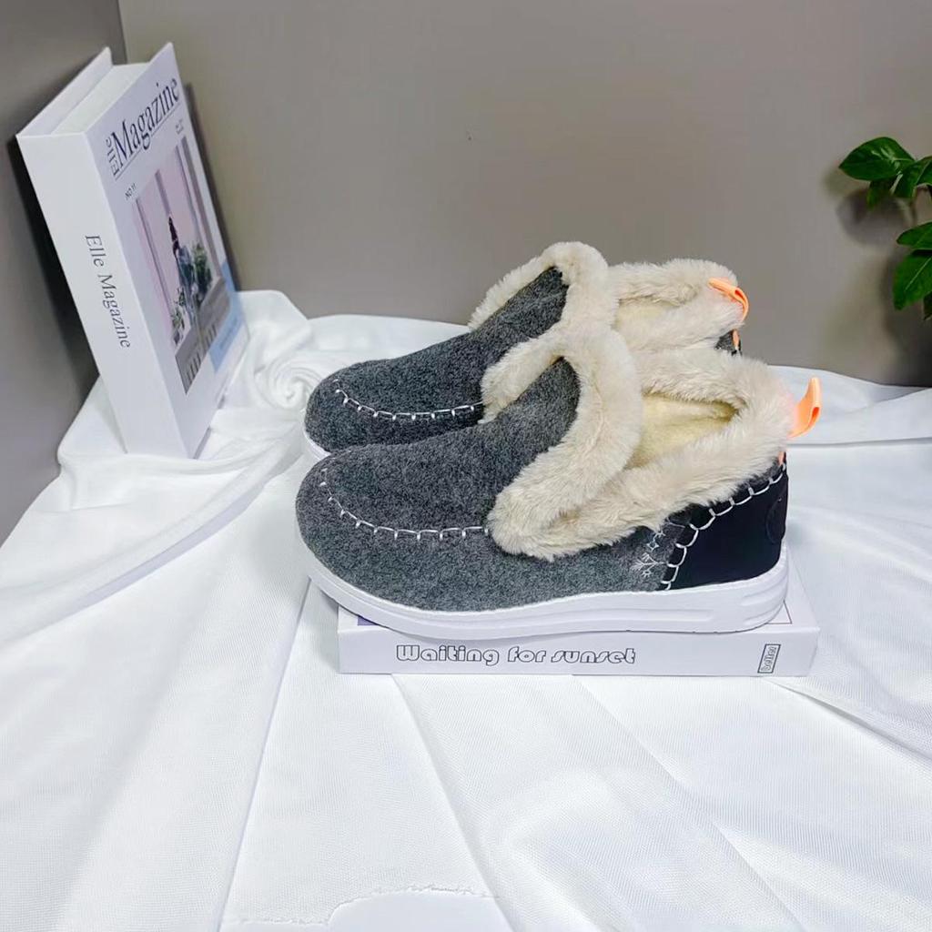 Women's Cross-Border Autumn/Winter Flat Shoes with Plush Fur Trim and Velvet Lining