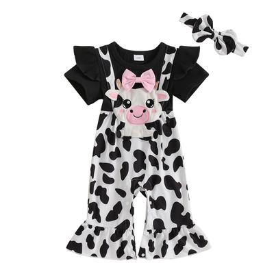 Baby Girl 2Pcs Spring Outfits Short Sleeve Round Neck Cow Embroidery Jumpsuit with Headband Set Newborn Clothes