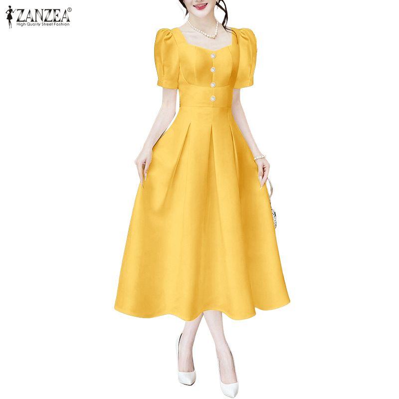 ZANZEA Damska swobodna sukienka z kwadratowym kołnierzykiem i krótkim rękawem na lato