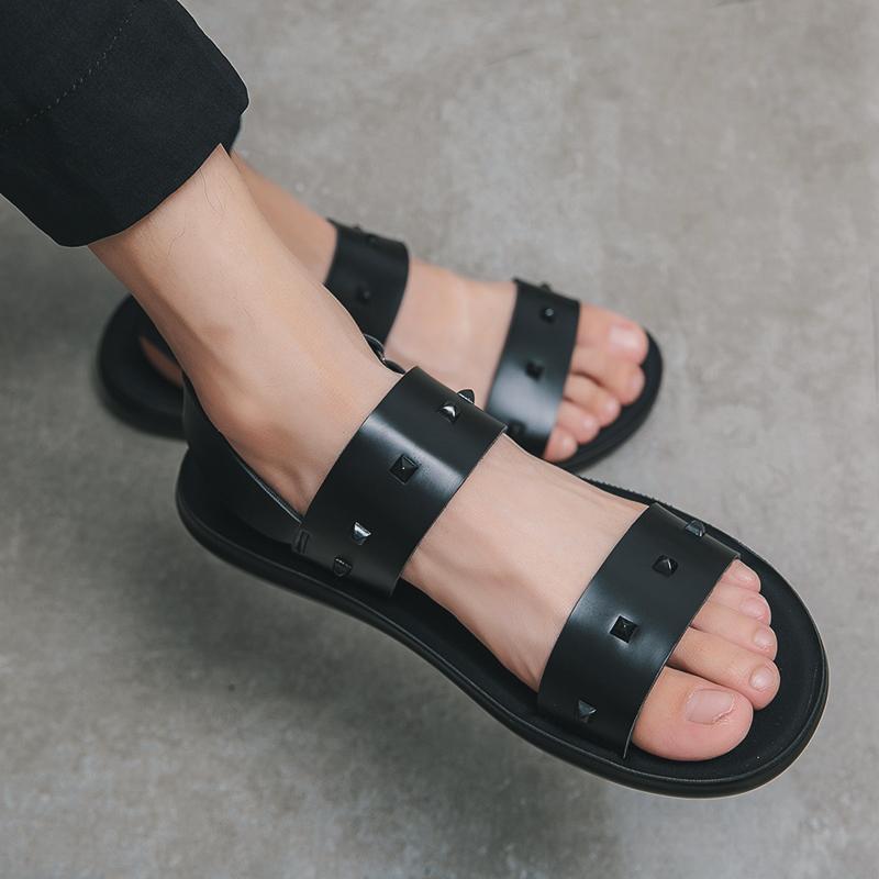 Men Roman Sandals Black White Leather Gladiator Sandals Outdoor Summer Roman Sandals for Men Peep Toe Open Toe Beach Shoes