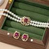 Luxury Atmospheric Elegance Double Row Imitation Pearl Square Diamond Necklace Stud Earrings Set