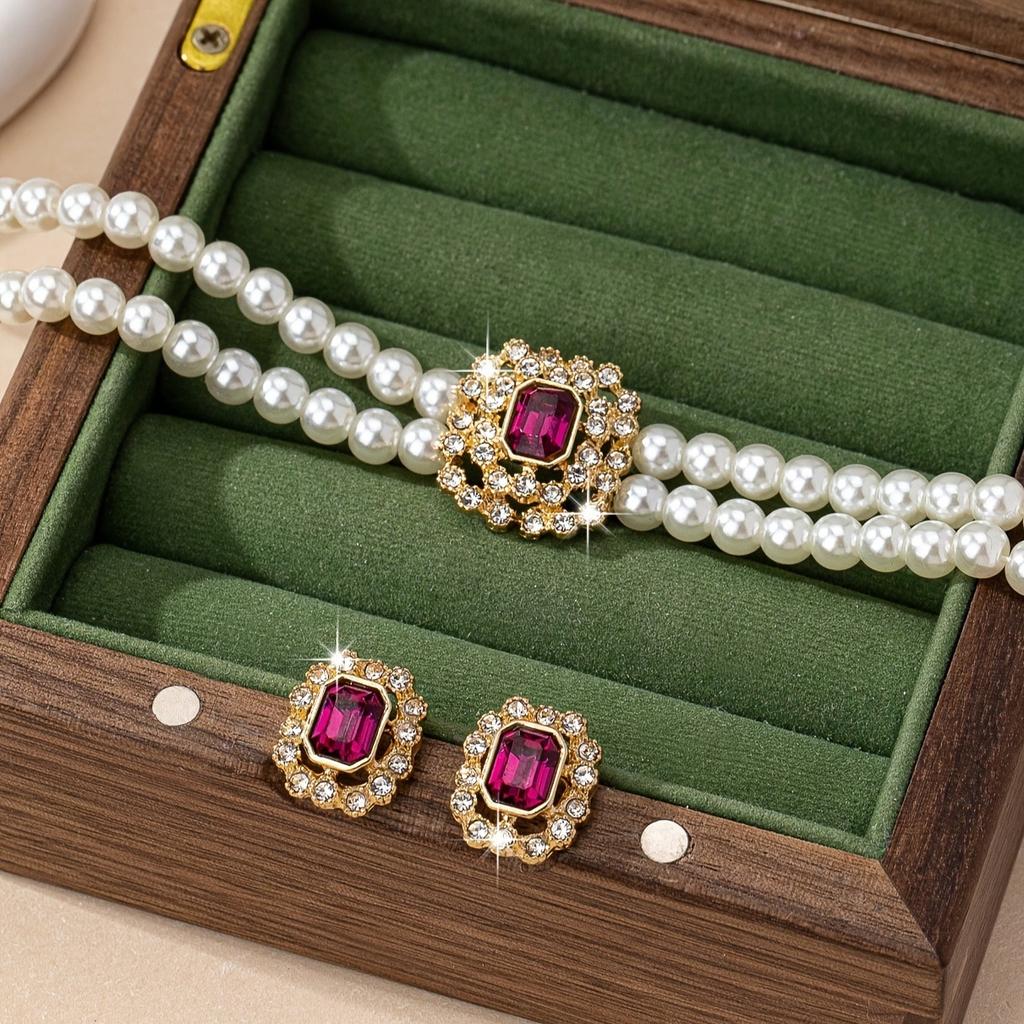 Luxury Atmospheric Elegance Double Row Imitation Pearl Square Diamond Necklace Stud Earrings Set