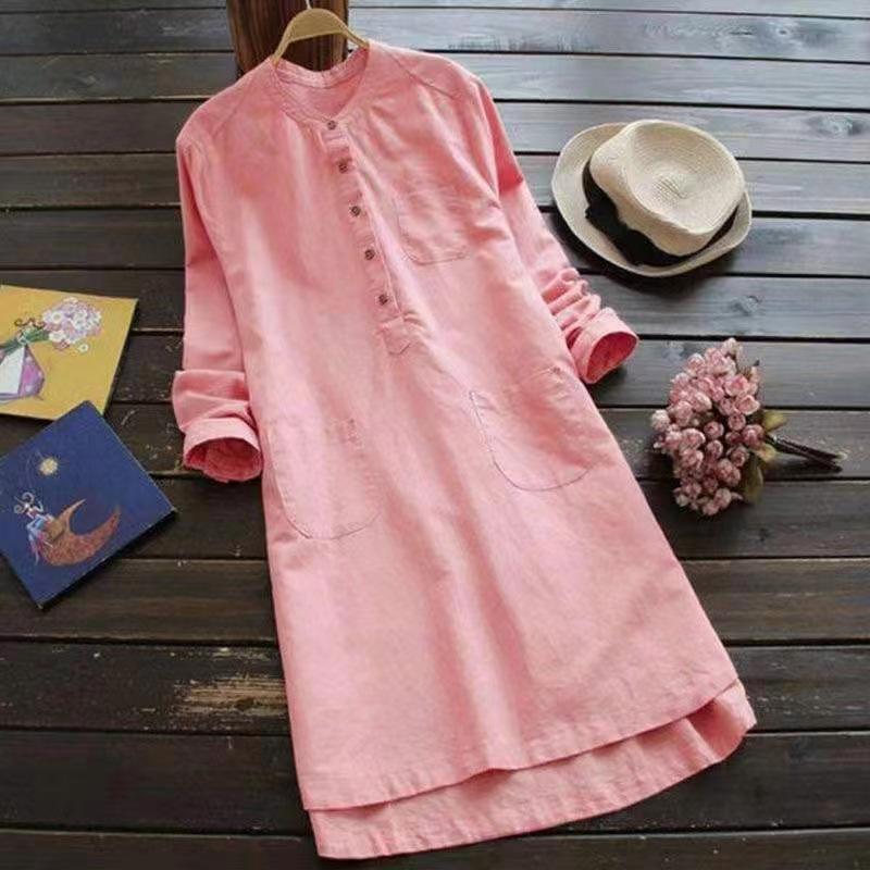 804# Cotton Linen Long Sleeve Shirt - Slimming, Plus Size, Casual Mid-Length Fashion Top for Spring and Autumn.