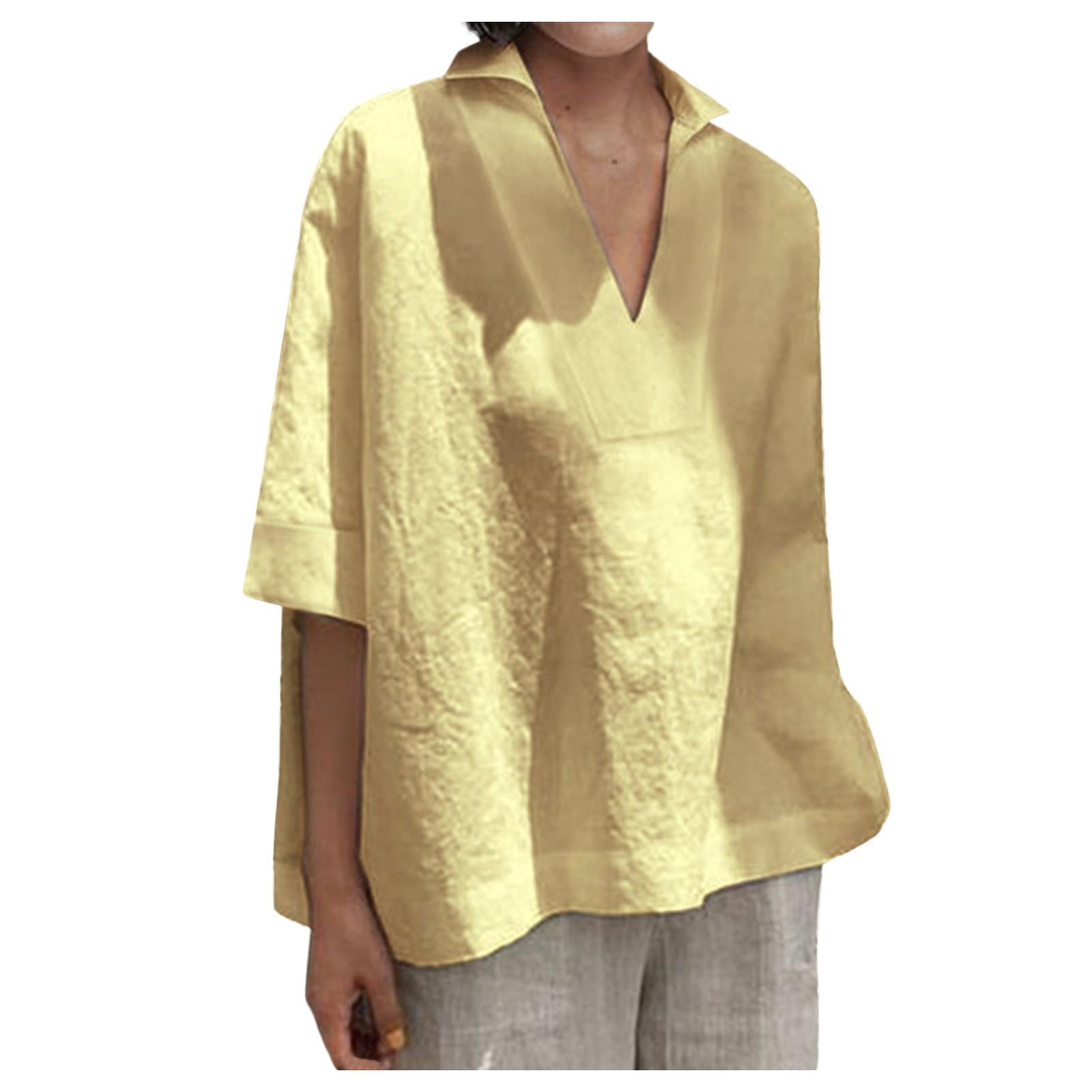 

Женская летняя мода, свободный пуловер с круглым вырезом, однотонная литературная хлопковая футболка из конопли XL жёлтый