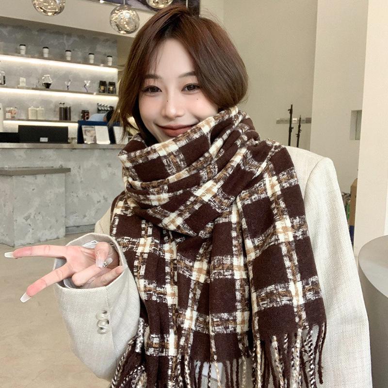 Korean Style Withered Rose Plaid Imitation Cashmere Scarf - Women's Winter Christmas Red Shawl