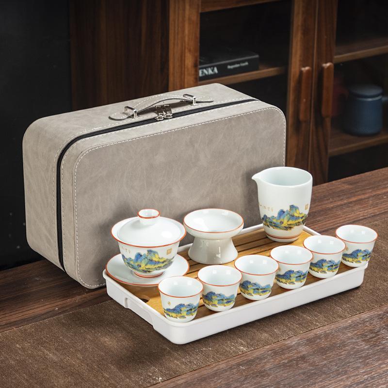 Celadon travel tea set creative kung fu ceramic cover bowl teacup tea tray full set of business gifts