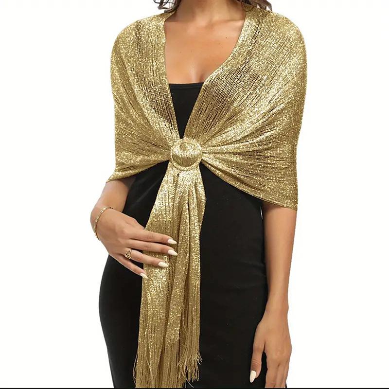 Gold Silver Silk Shawl Shirts For Women Flat Scarf Bride'S Bridesmaid Ball Long Tassel Evening Party Wedding Dress Casual Tunics