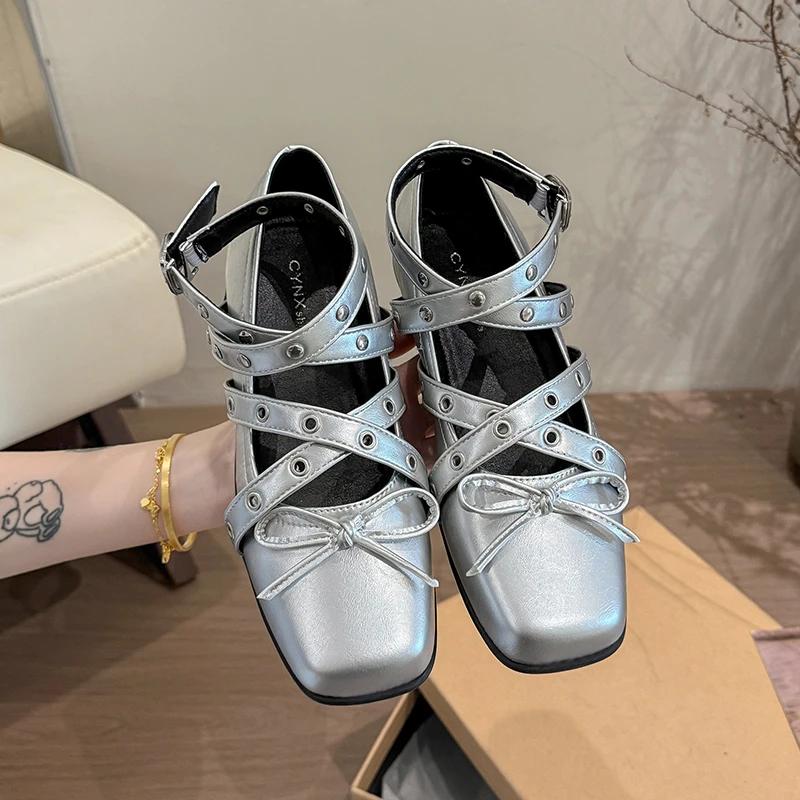 Fashion Silver bow small single shoes women's spring and summer new heightening real soft leather light mouth square head ballet shoes