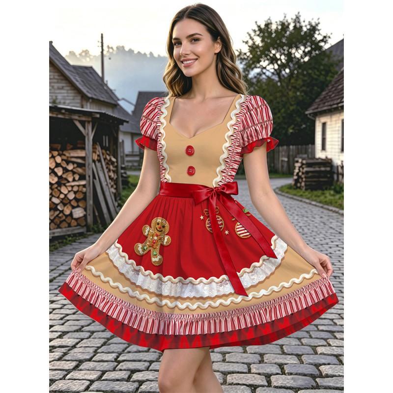 Christmas Party Dress European Court V-Neck Short Sleeve Flared Skirt Gingerbread Man Print