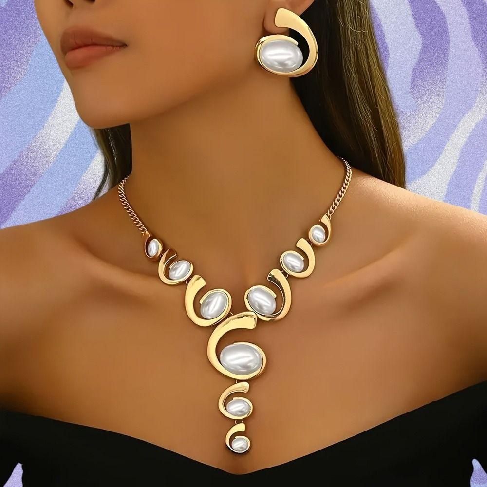 Adjustable Spiral Snail Clavicle Chain Geometric Oval Charm Bridal Jewelry Necklace Earrings Set