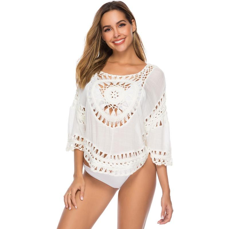 Sexy Pullover Hand Hook Hollow Half Round Knit Sweater Beach Cover-up Summer Women's Seven Sleeve Spa Shirt