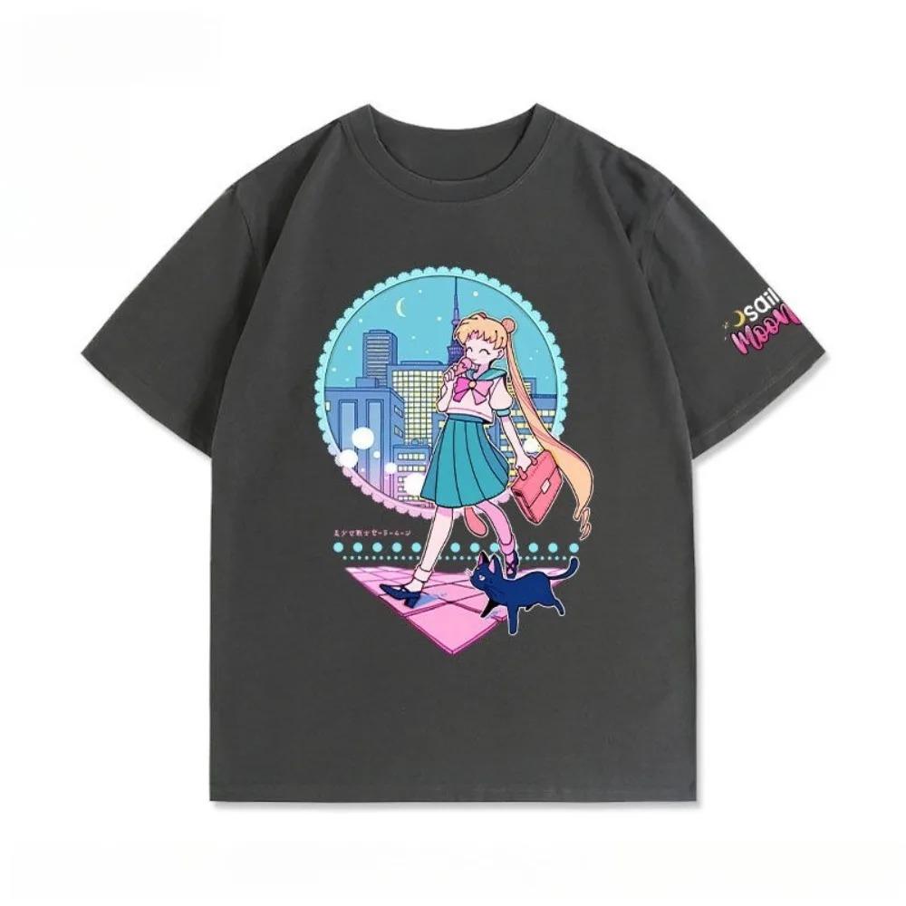 Camiseta Estampa Cena Noturna da Cidade Sailor Moon Tsukino Usagi & Gato Luna | Algodão Casual Unissex Manga Curta Anime Streetwear Top