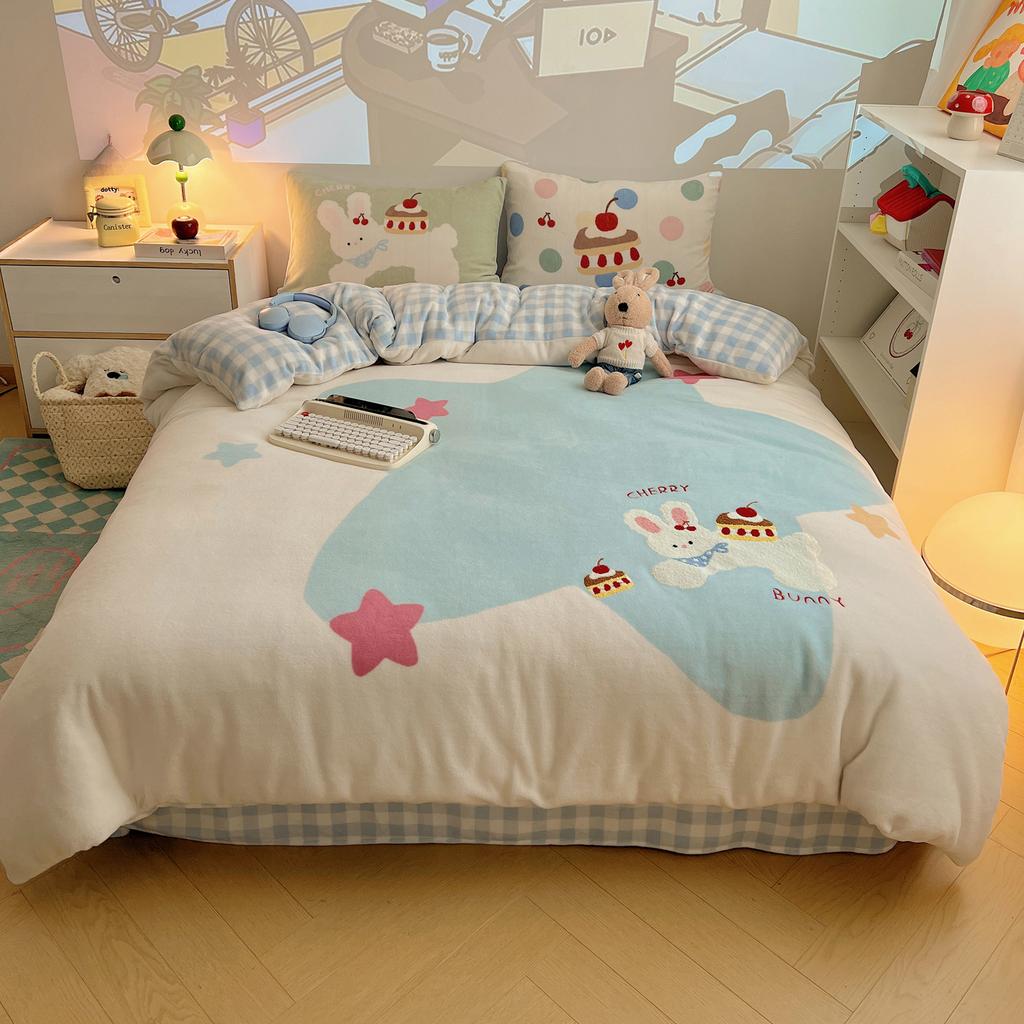Thickened Milk Fleece Towel Embroidery Four-Piece Set 1.2M Bed Sheet Three-Piece Set, Gingerbread Small