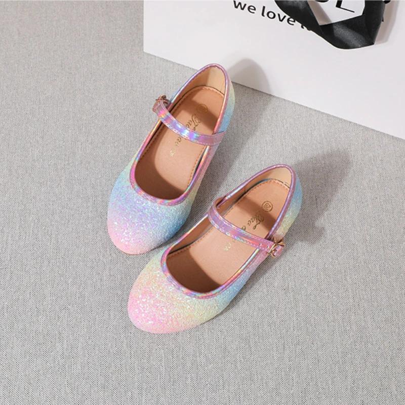 Classic Girl Leather Shoes for Party Dance Fashion Glitter Children Princess Shoes Kids Wedding Rainbow High-heels Single Shoes