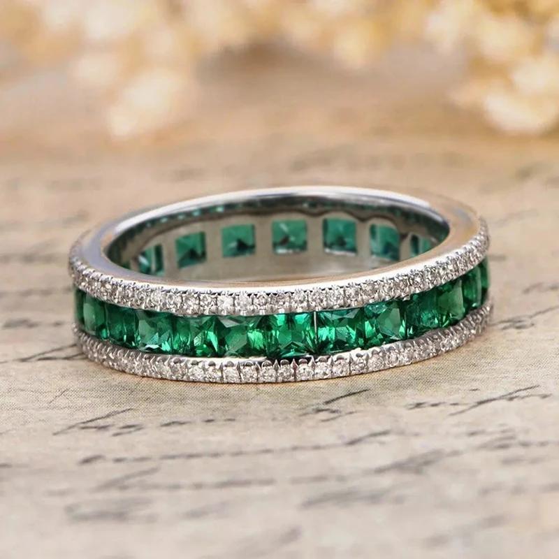 Huitan Simple Style Women Rings for Wedding Daily Party Versatile Jewelry Inlaid Bright Green Princess CZ Trendy Accessories