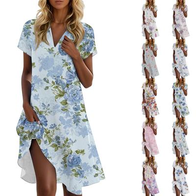 Damen Freizeitmode Stehkragen Blumendruck Kurzarmkleid