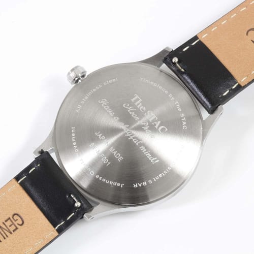 The STAC Japanese-made 36mm Antique Retro Watch for Men and Women, Unisex, Moon Phase with Bar and White/Black Crocodile, ST-MF001