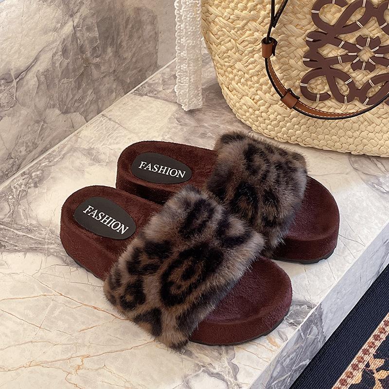 Thick-bottomed Fluffy Slippers for Women To Wear Outside Autumn and Winter Square Head Retro Leopard Print Comfortable Versatile Slope Heel One-word C
