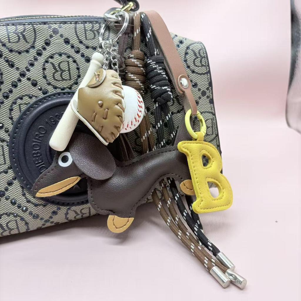 Jinshang Miu Series Dachshund Letter Baseball Keychain - Handmade Leather Schoolbag Pendant with Woven Rope Ornament