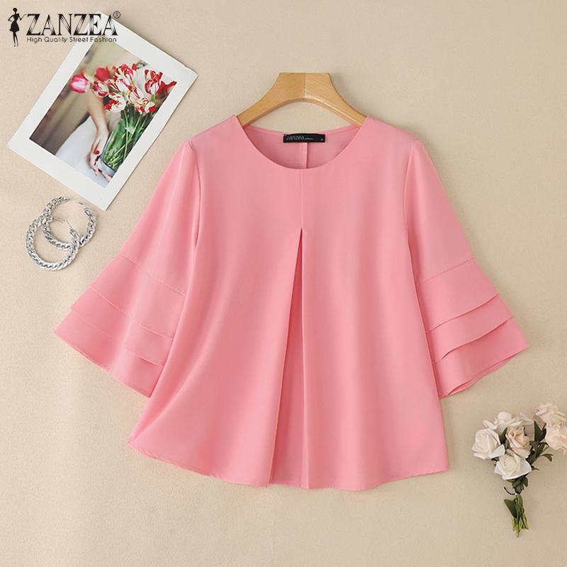 ZANZEA Women Casual Round Neck Ruffles 3/4 Sleeve Loose Blouse